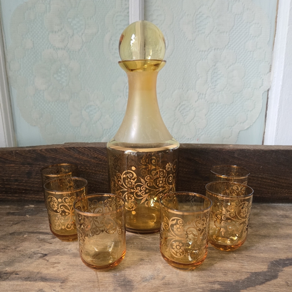 Vintage Amber Gold Scroll Decanter Set with 6 Glasses